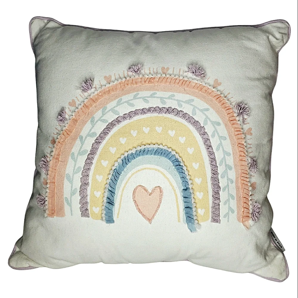 Boho Cottagecore Fairy Pastel Pillow Mixed Media Embroidered Rainbow Hearts Farm